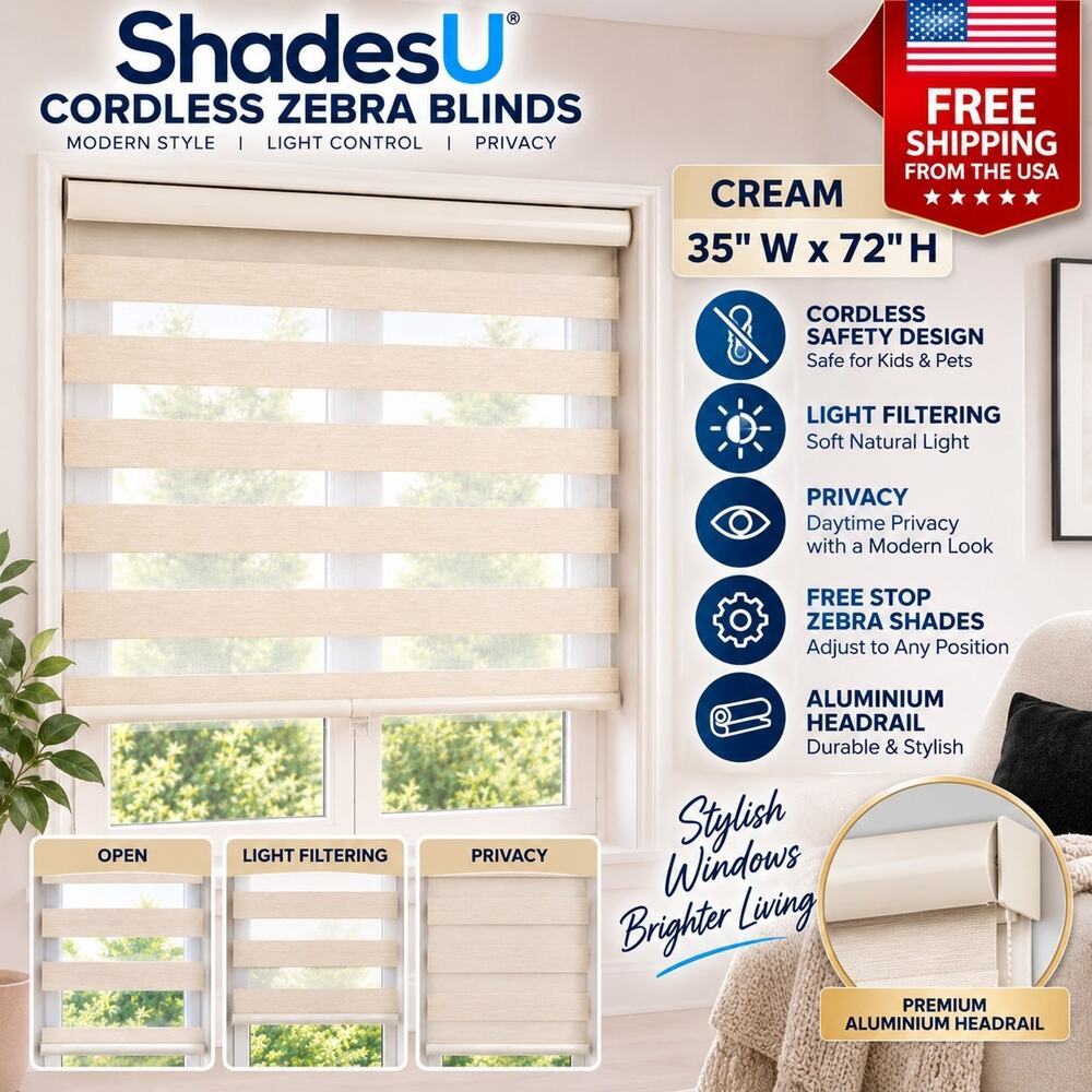 Zebra Blinds ShadesU Cordless for Windows Roller Window Shades 35x72 In Cream
